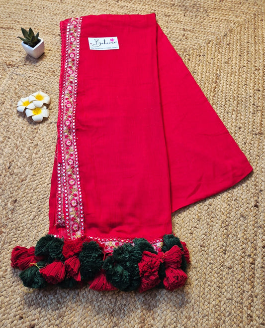 Mohini | Rose Red Mul Mul Cotton Saree with Embroidery Lace