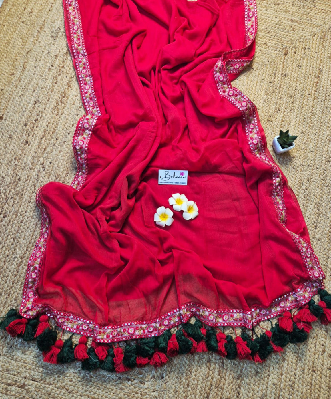 Mohini | Rose Red Mul Mul Cotton Saree with Embroidery Lace