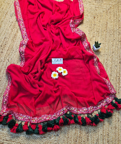 Mohini | Rose Red Mul Mul Cotton Saree with Embroidery Lace