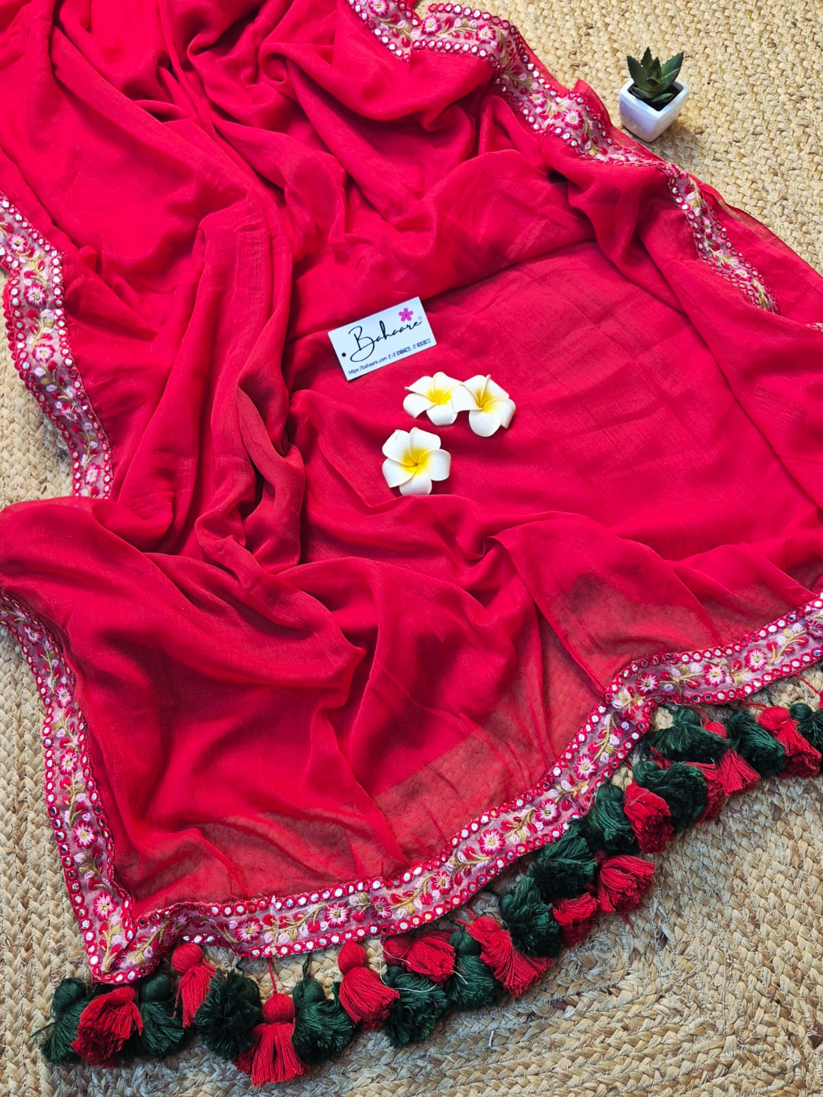 Mohini | Rose Red Mul Mul Cotton Saree with Embroidery Lace