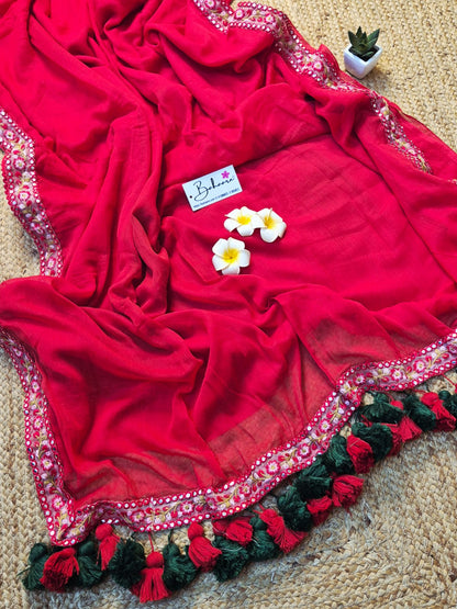 Mohini | Rose Red Mul Mul Cotton Saree with Embroidery Lace