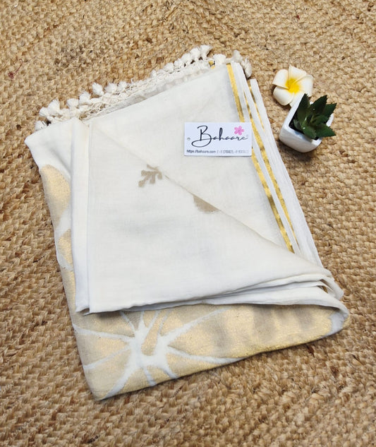 Cotton Galleria | Cream White 120 Count Premium Cotton Saree with Exclusive Zari Flower Motif