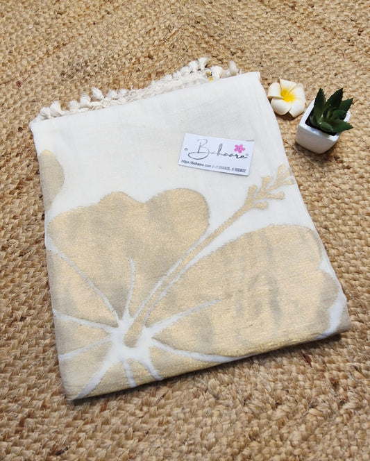 Cotton Galleria | Cream White 120 Count Premium Cotton Saree with Exclusive Zari Flower Motif