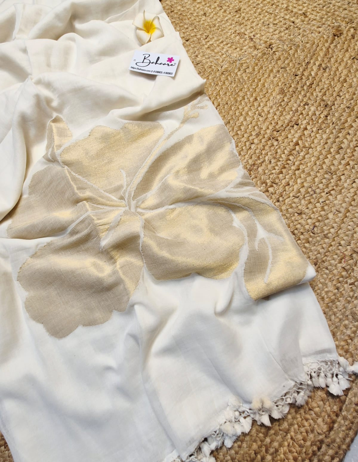 Cotton Galleria | Cream White 120 Count Premium Cotton Saree with Exclusive Zari Flower Motif