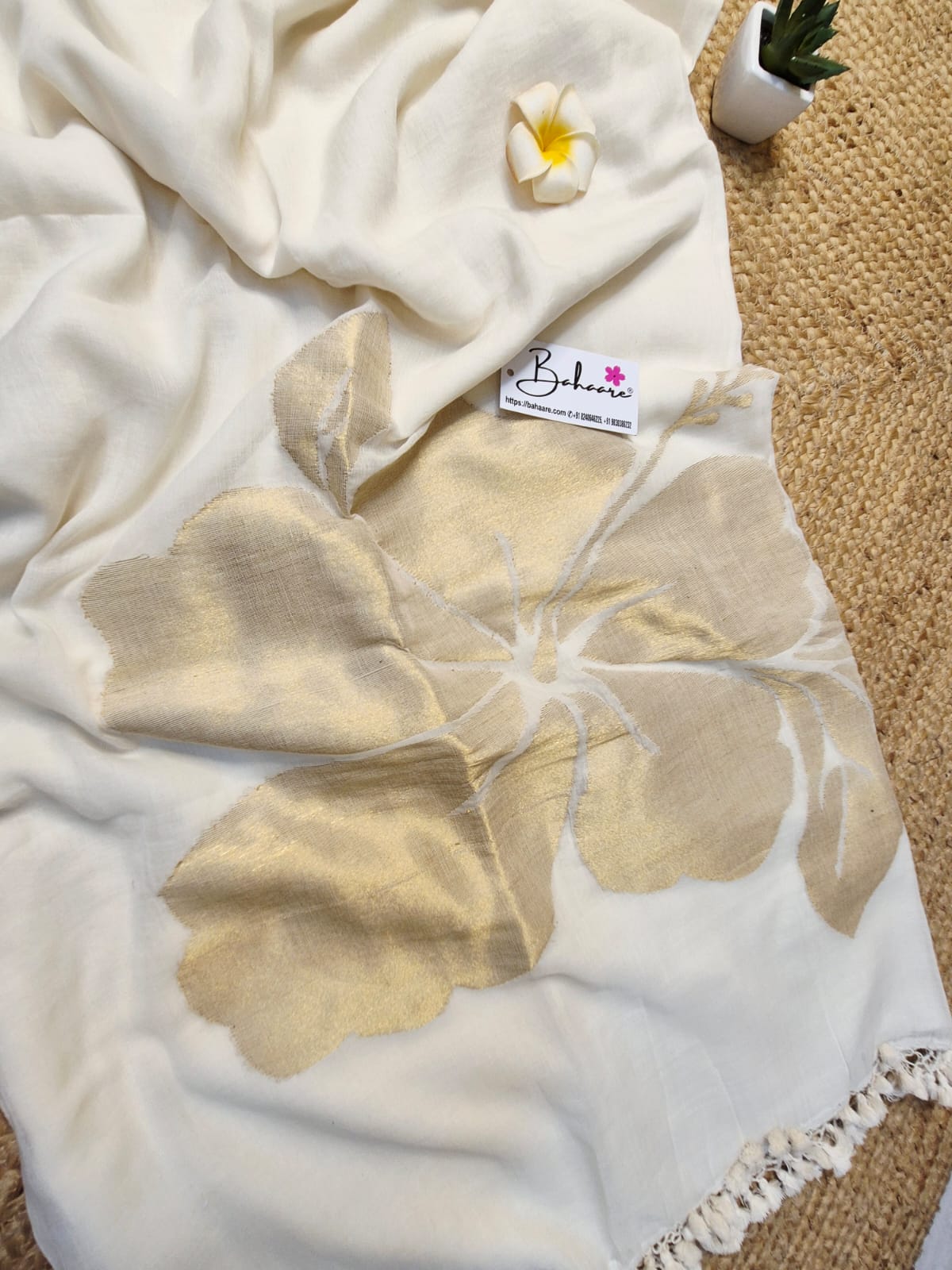 Cotton Galleria | Cream White 120 Count Premium Cotton Saree with Exclusive Zari Flower Motif