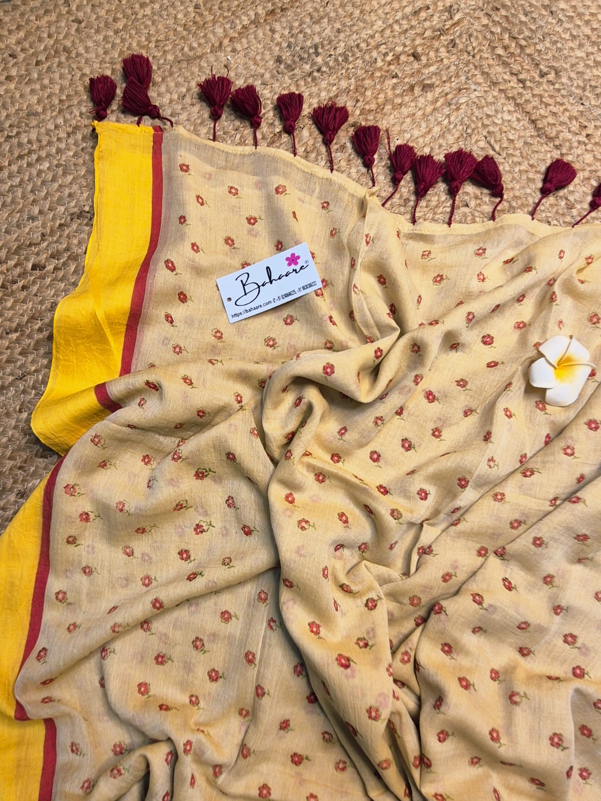 Polka Passion | Tuscan Beige Mul Mul Cotton Saree with Flower Motif