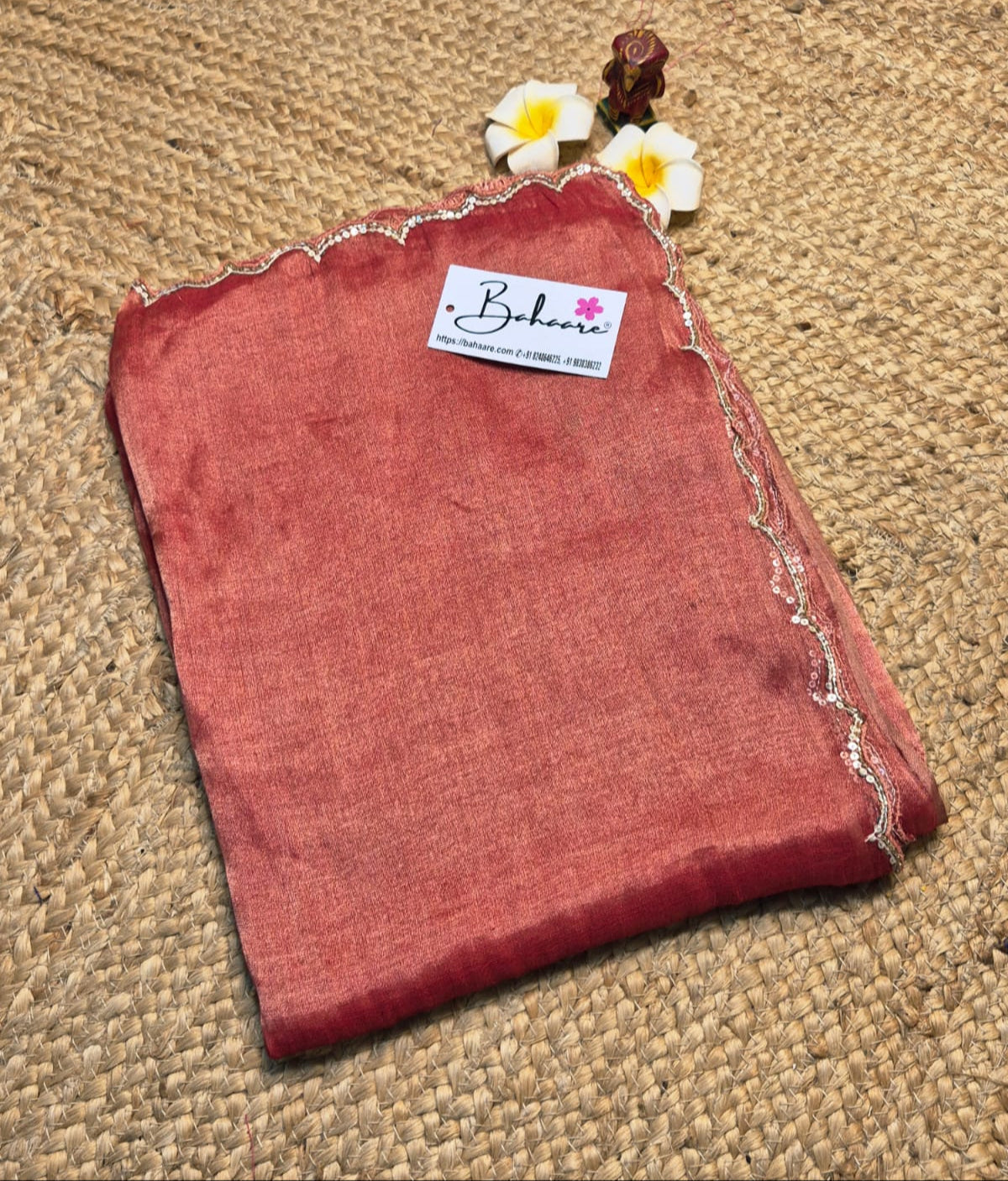Megha | Burnt Orange Dual Tone Tissue Saree with Scallop Border & Cutdana Moti Work
