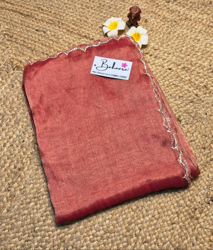 Megha | Burnt Orange Dual Tone Tissue Saree with Scallop Border & Cutdana Moti Work
