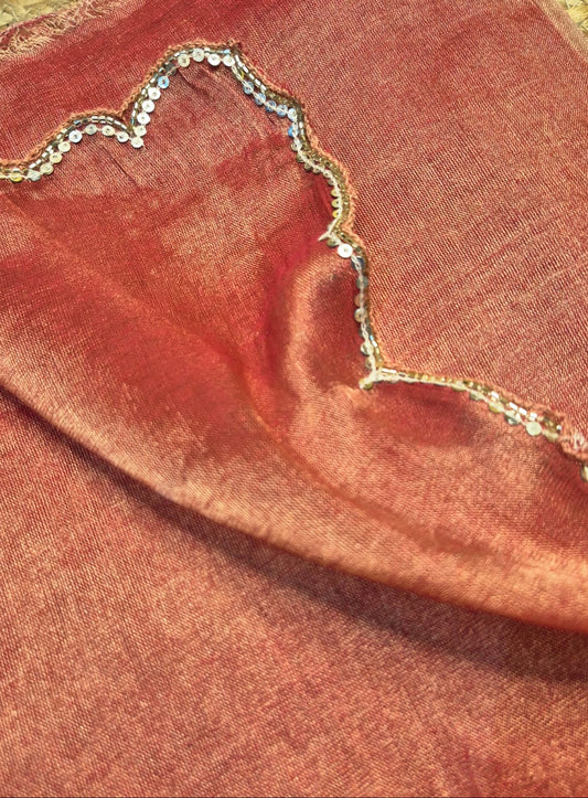 Megha | Burnt Orange Dual Tone Tissue Saree with Scallop Border & Cutdana Moti Work