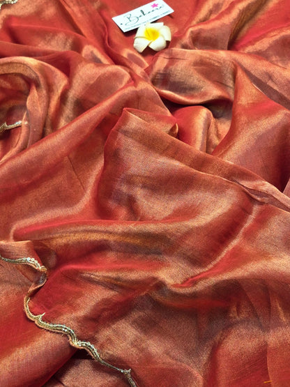 Megha | Burnt Orange Dual Tone Tissue Saree with Scallop Border & Cutdana Moti Work