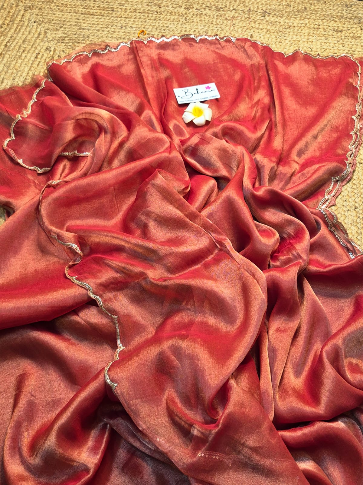 Megha | Burnt Orange Dual Tone Tissue Saree with Scallop Border & Cutdana Moti Work