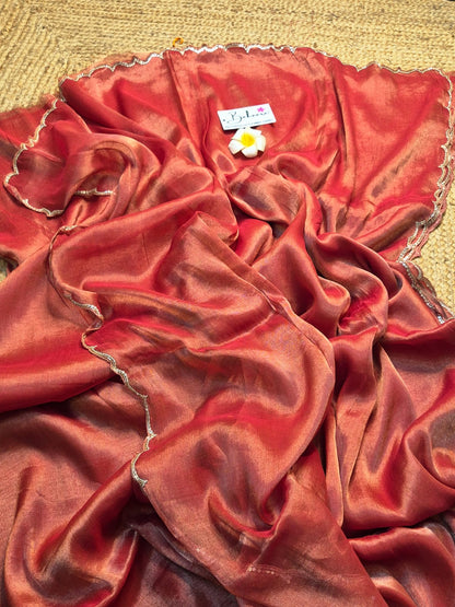 Megha | Burnt Orange Dual Tone Tissue Saree with Scallop Border & Cutdana Moti Work