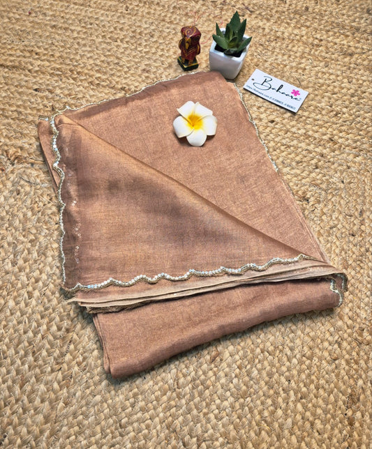 Megha | Peach Pink Tissue Saree with Scallop Border & Cutdana Moti Work