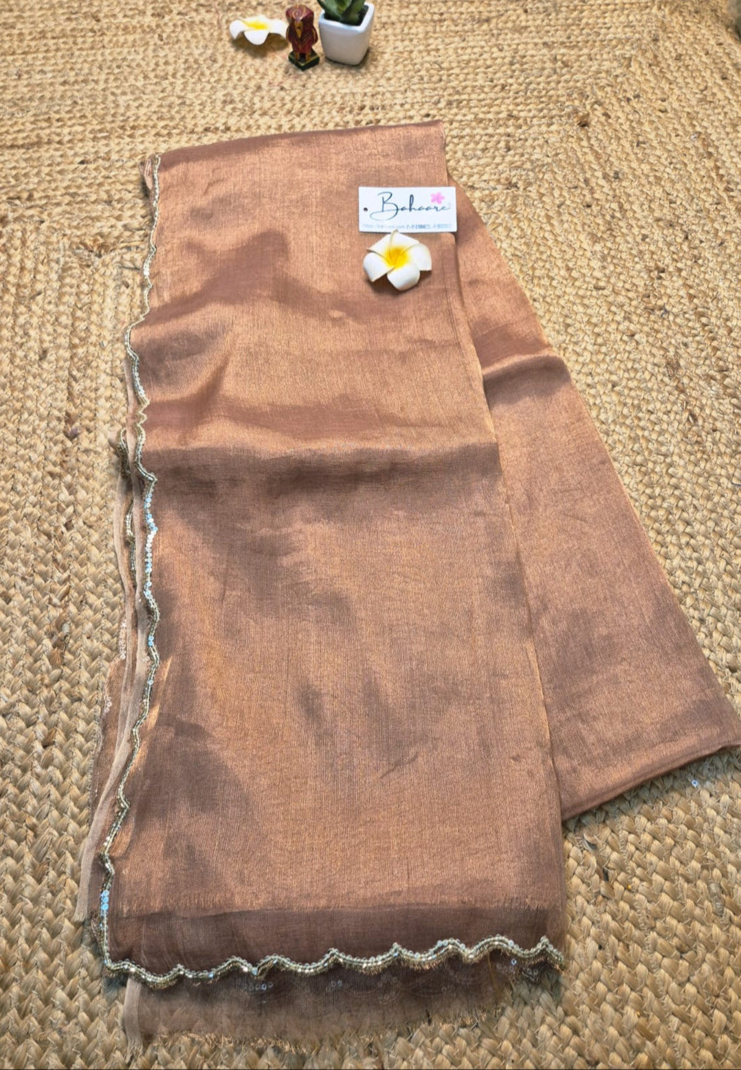 Megha | Peach Pink Tissue Saree with Scallop Border & Cutdana Moti Work