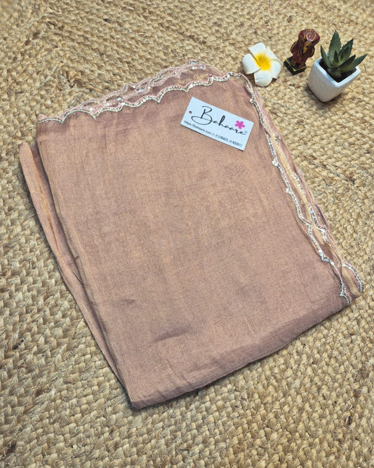 Megha | Rose Gold Tissue Saree with Scallop Border & Cutdana Moti Work