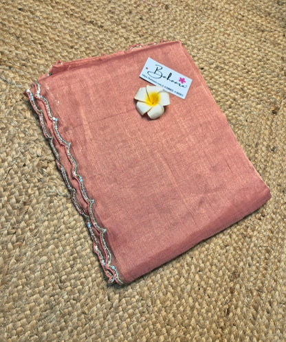 Megha | Coral Pink Tissue Saree with Scallop Border & Cutdana Moti Work