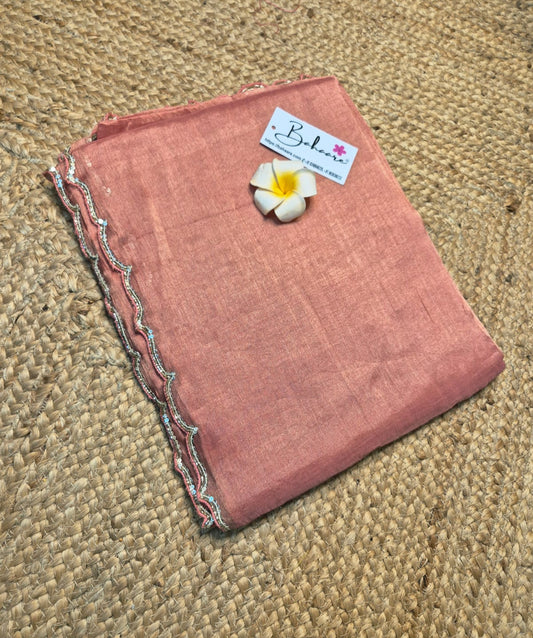 Megha | Coral Pink Tissue Saree with Scallop Border & Cutdana Moti Work