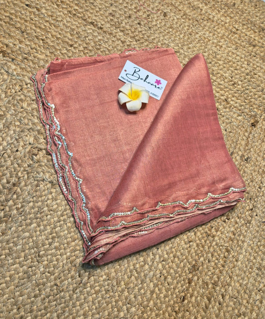 Megha | Coral Pink Tissue Saree with Scallop Border & Cutdana Moti Work