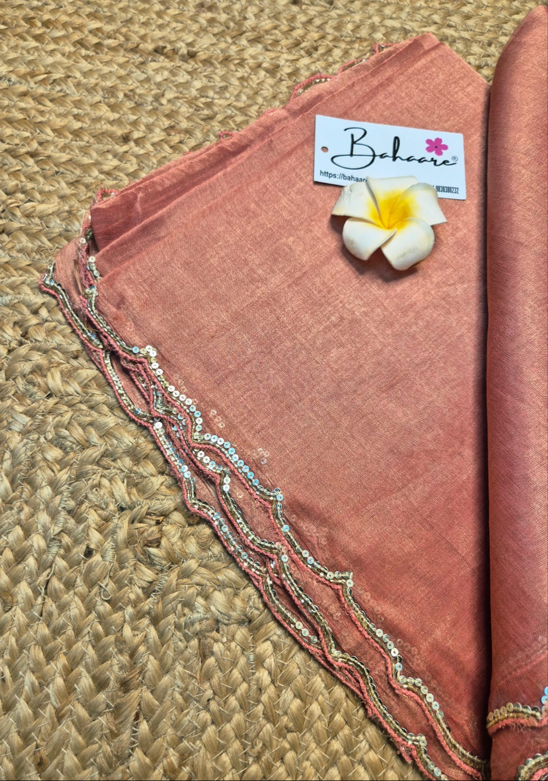 Megha | Coral Pink Tissue Saree with Scallop Border & Cutdana Moti Work