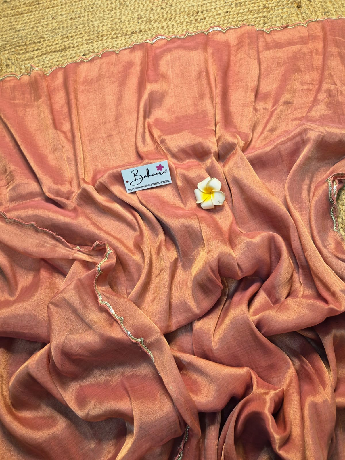 Megha | Coral Pink Tissue Saree with Scallop Border & Cutdana Moti Work