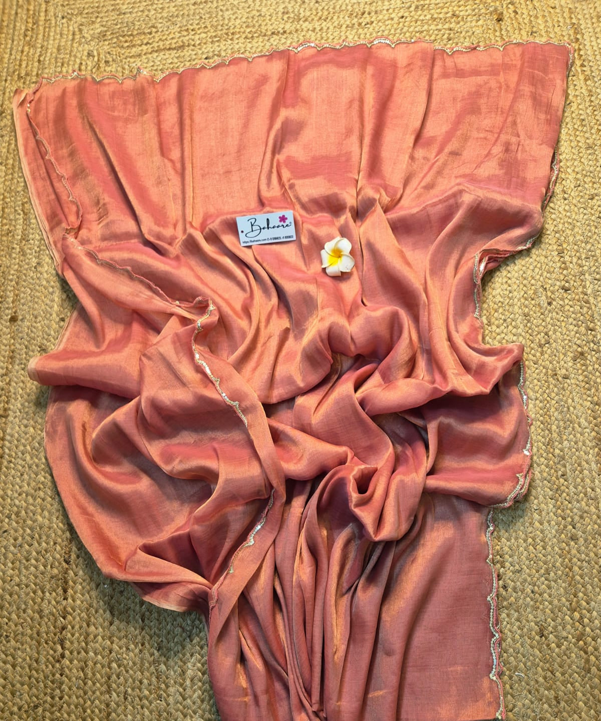 Megha | Coral Pink Tissue Saree with Scallop Border & Cutdana Moti Work
