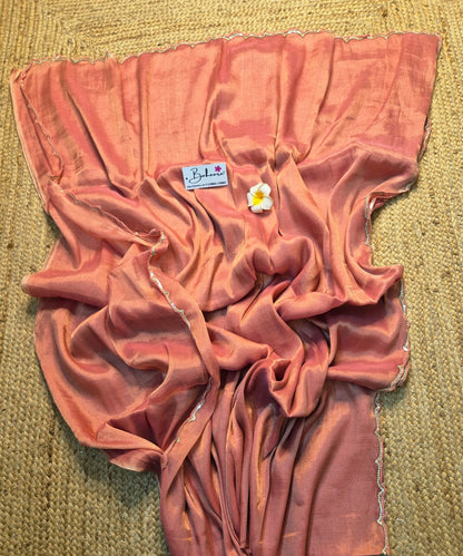 Megha | Coral Pink Tissue Saree with Scallop Border & Cutdana Moti Work