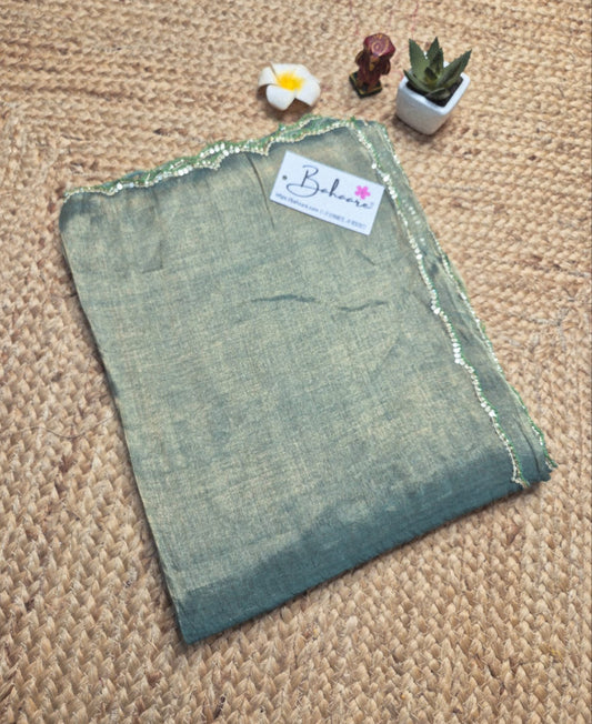 Megha | Sea Green Tissue Saree with Scallop Border & Cutdana Moti Work