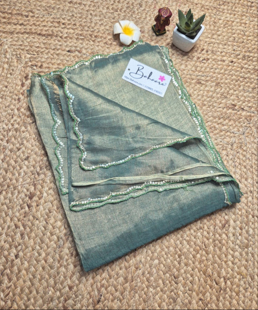 Megha | Sea Green Tissue Saree with Scallop Border & Cutdana Moti Work
