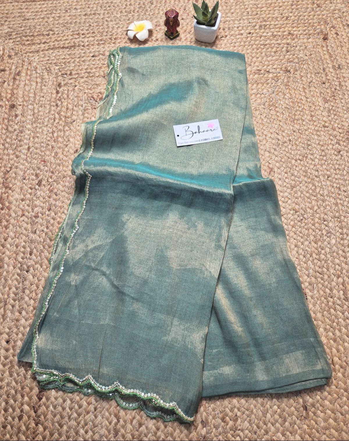 Megha | Sea Green Tissue Saree with Scallop Border & Cutdana Moti Work