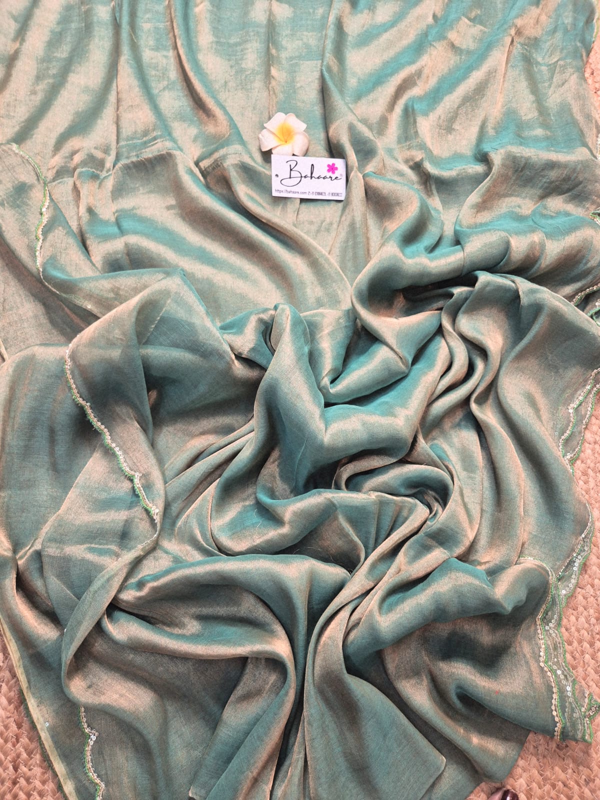 Megha | Sea Green Tissue Saree with Scallop Border & Cutdana Moti Work