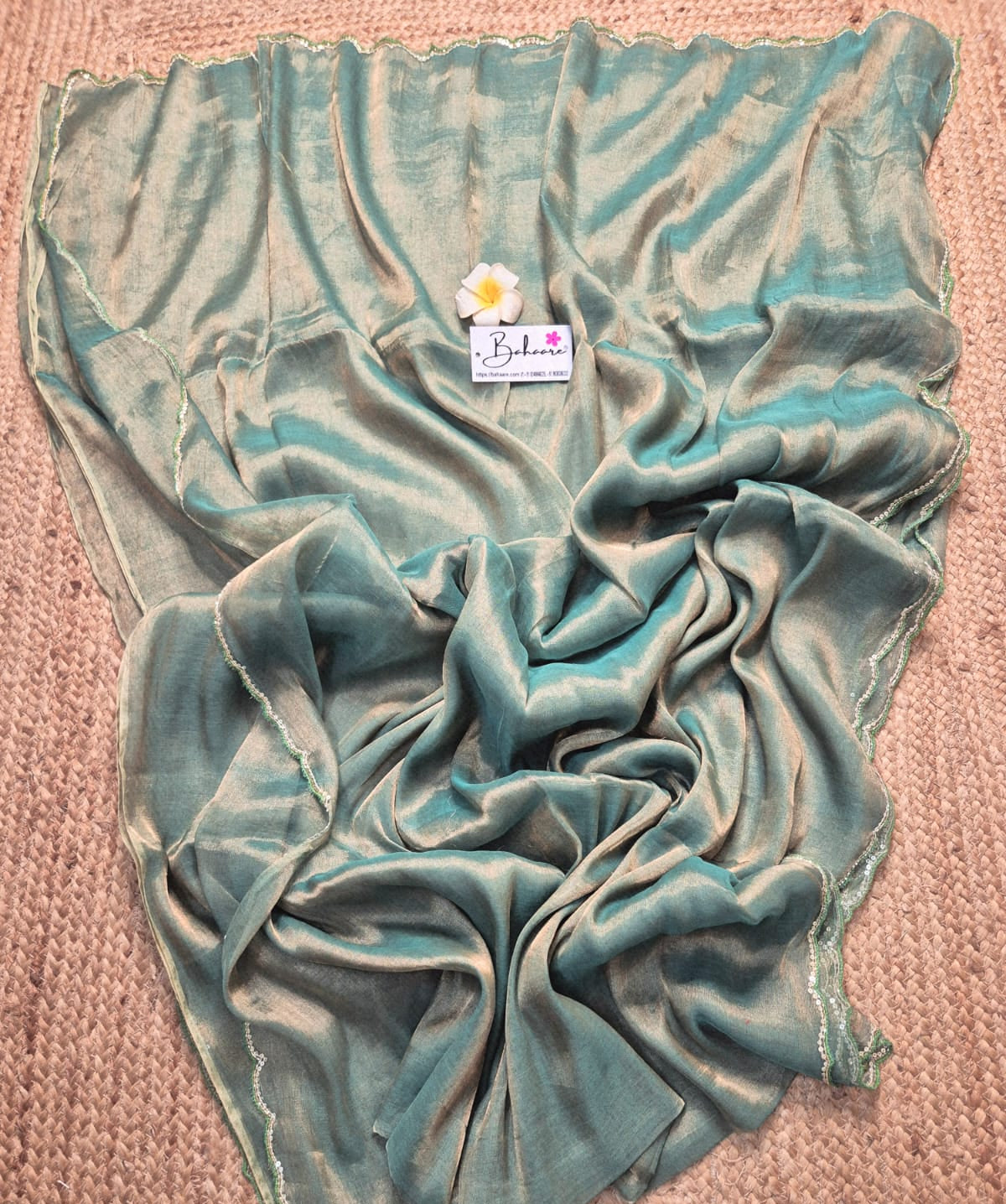 Megha | Sea Green Tissue Saree with Scallop Border & Cutdana Moti Work