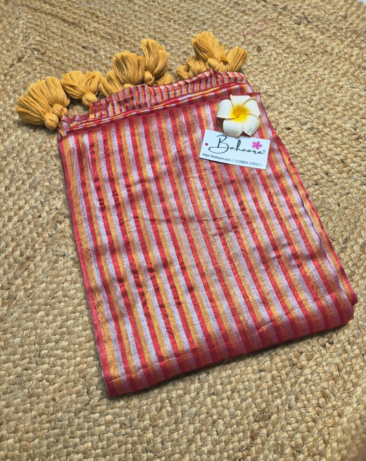Megha | Orange Tissue Saree with Multicoloured Stripe