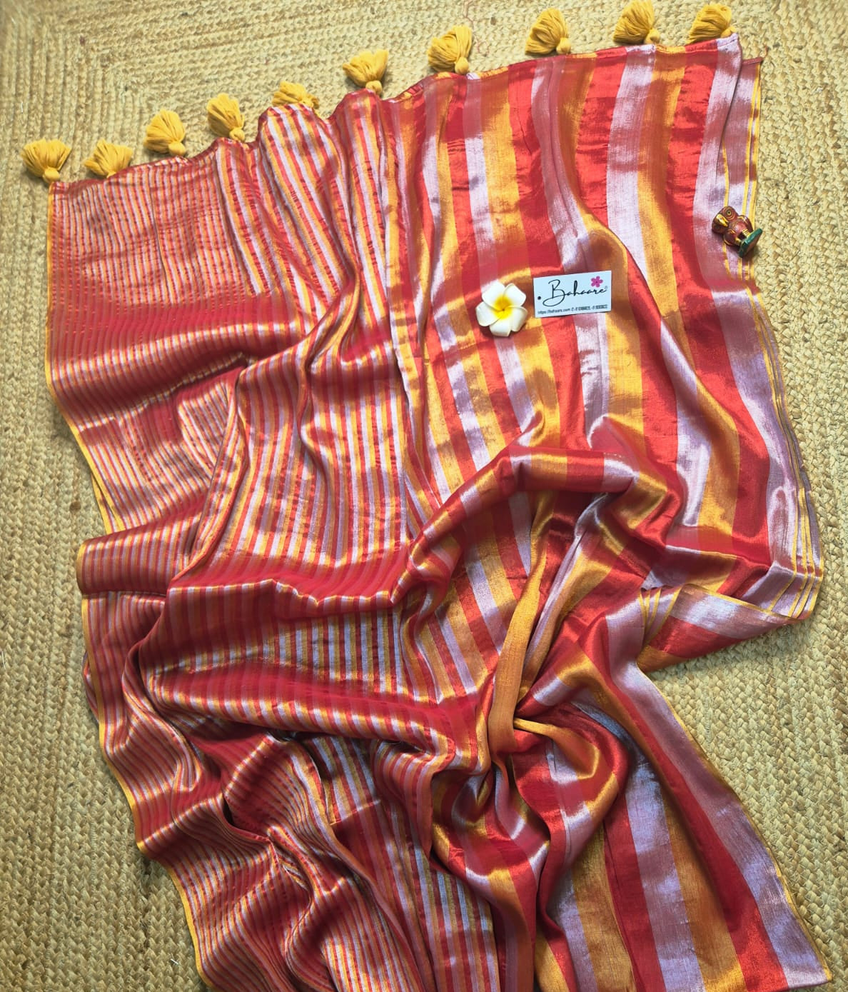 Megha | Orange Tissue Saree with Multicoloured Stripe