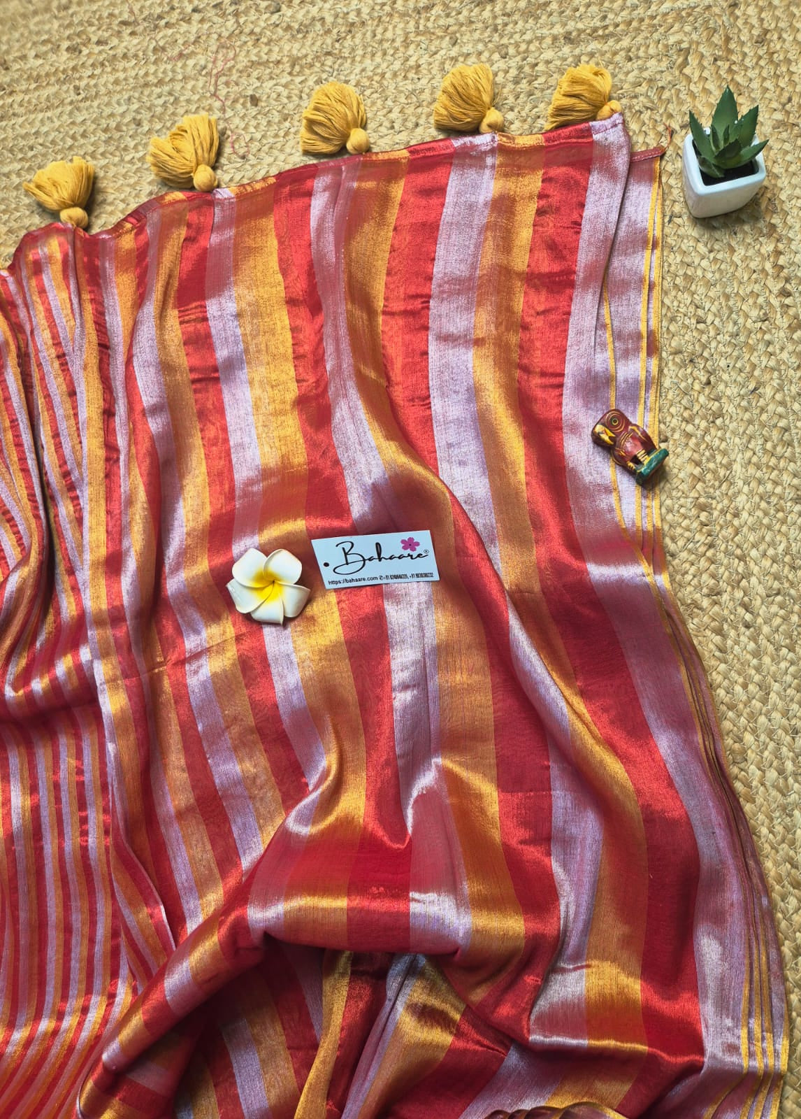 Megha | Orange Tissue Saree with Multicoloured Stripe