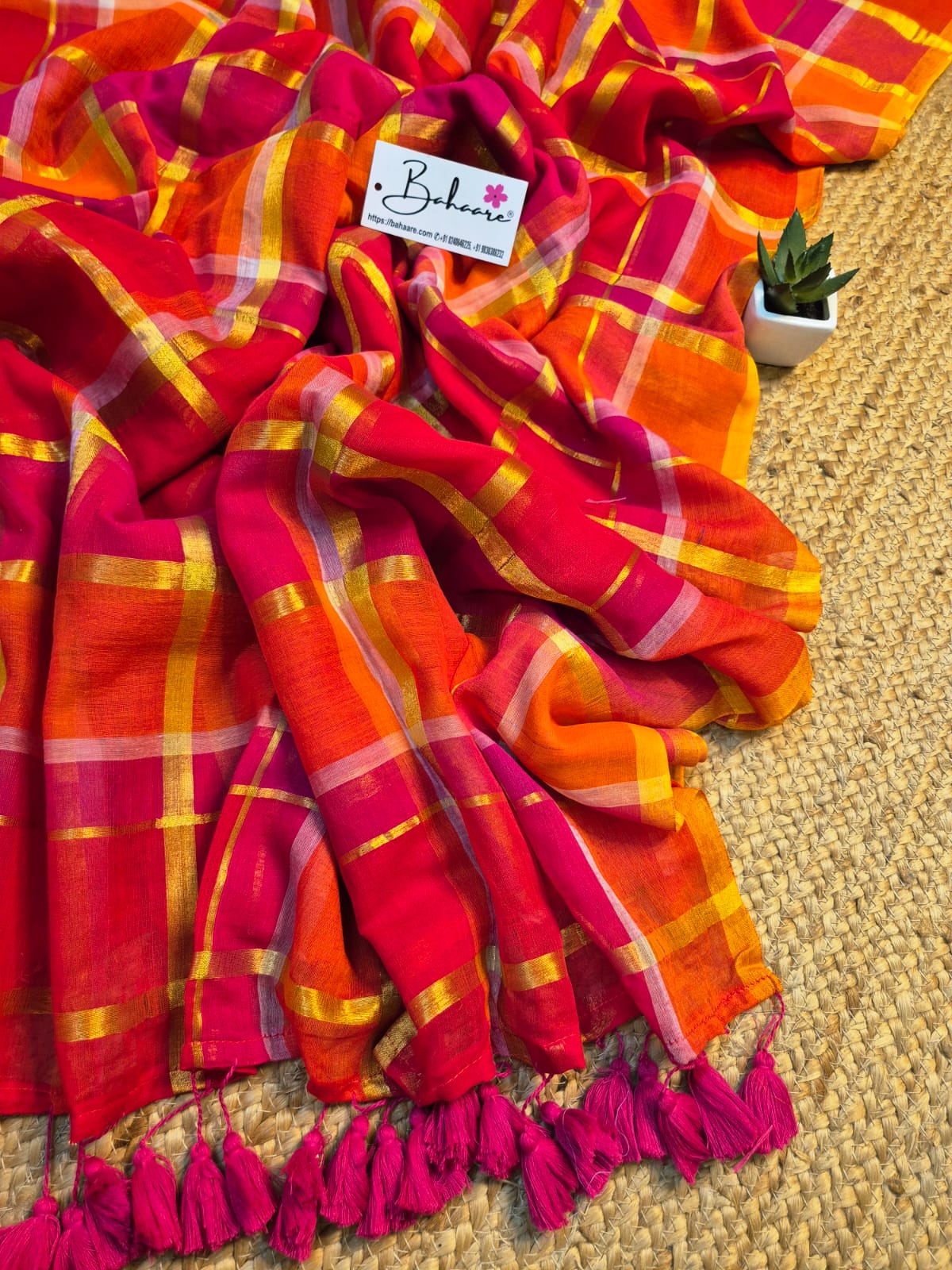 Mohini | Orange Pink Multicoloured Mul Mul Cotton Saree with Zari Check Border
