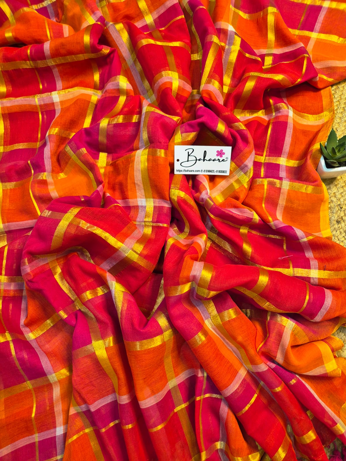 Mohini | Orange Pink Multicoloured Mul Mul Cotton Saree with Zari Check Border
