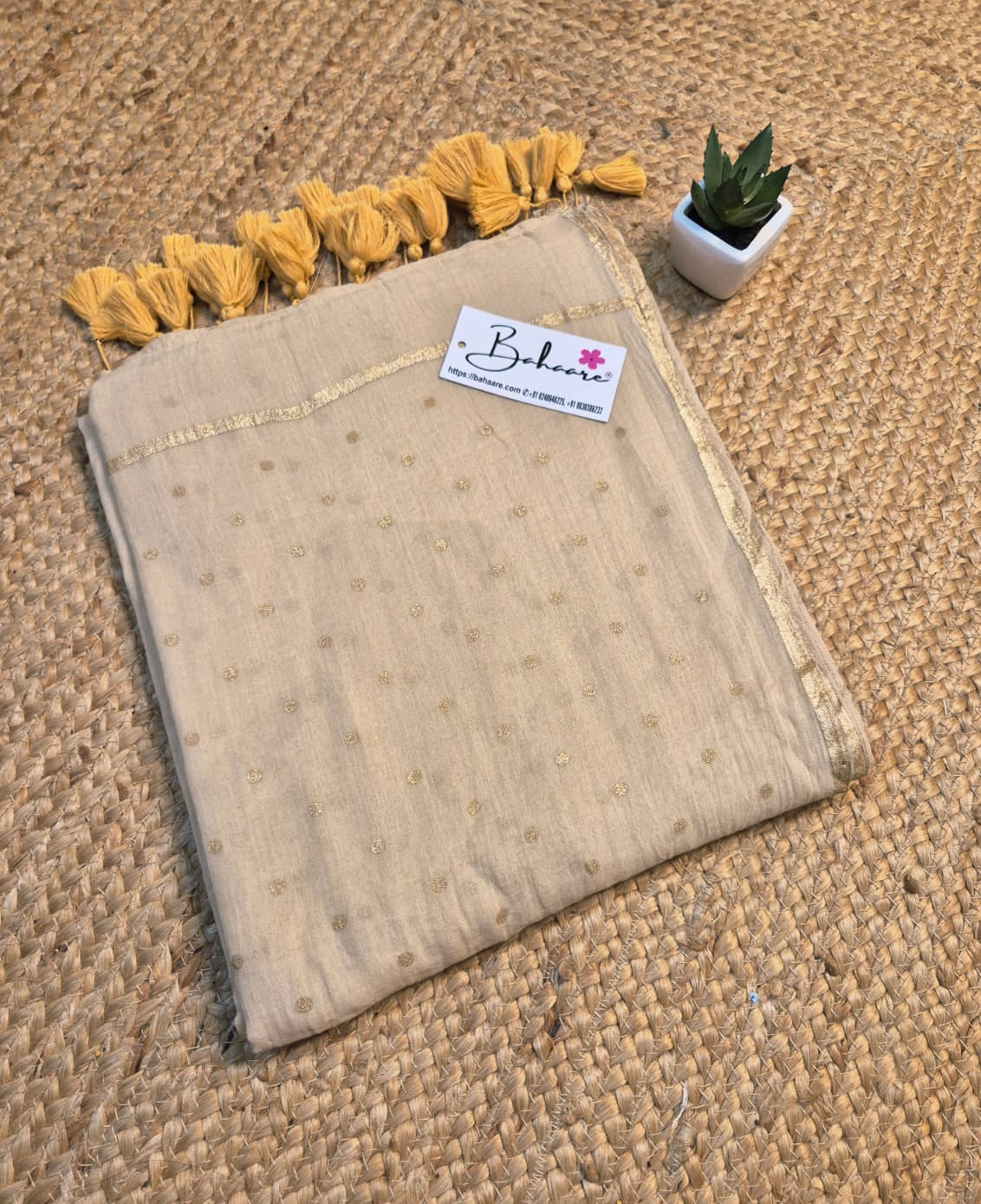 Polka Passion | Beige Mul Mul Cotton Saree with Golden Polka Dots