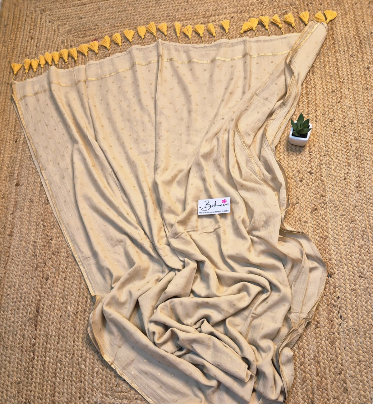Polka Passion | Beige Mul Mul Cotton Saree with Golden Polka Dots
