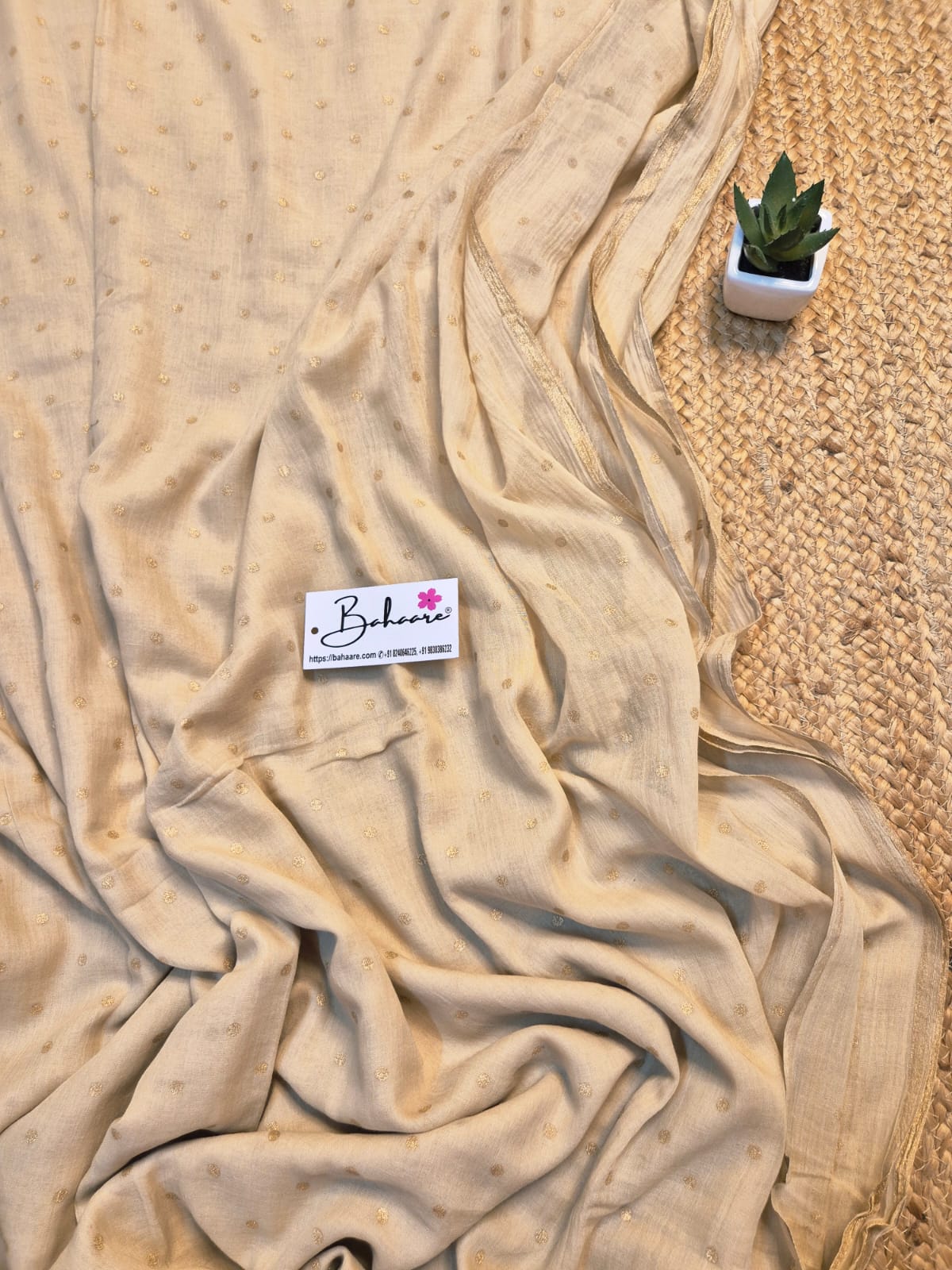 Polka Passion | Beige Mul Mul Cotton Saree with Golden Polka Dots