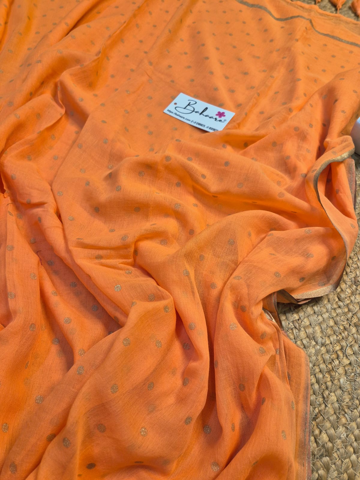 Polka Passion | Pastel Orange Mul Mul Cotton Saree with Golden Polka Dots