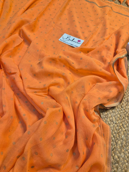 Polka Passion | Pastel Orange Mul Mul Cotton Saree with Golden Polka Dots
