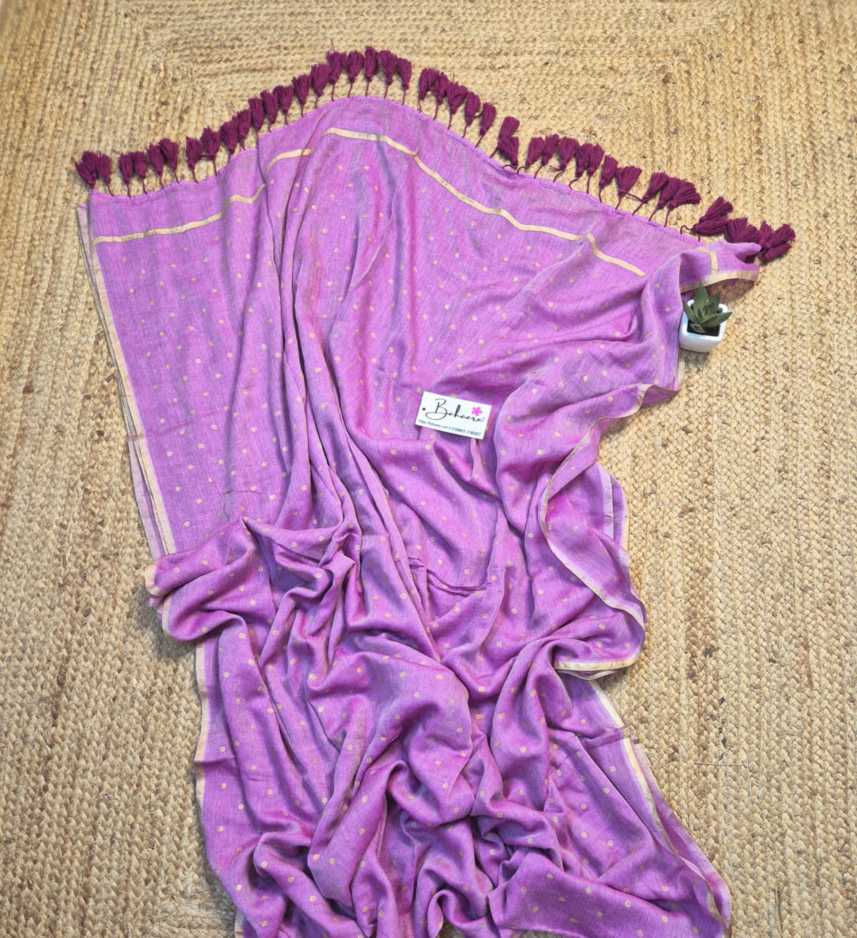 Polka Passion | Light Magenta Mul Mul Cotton Saree with Golden Polka Dots