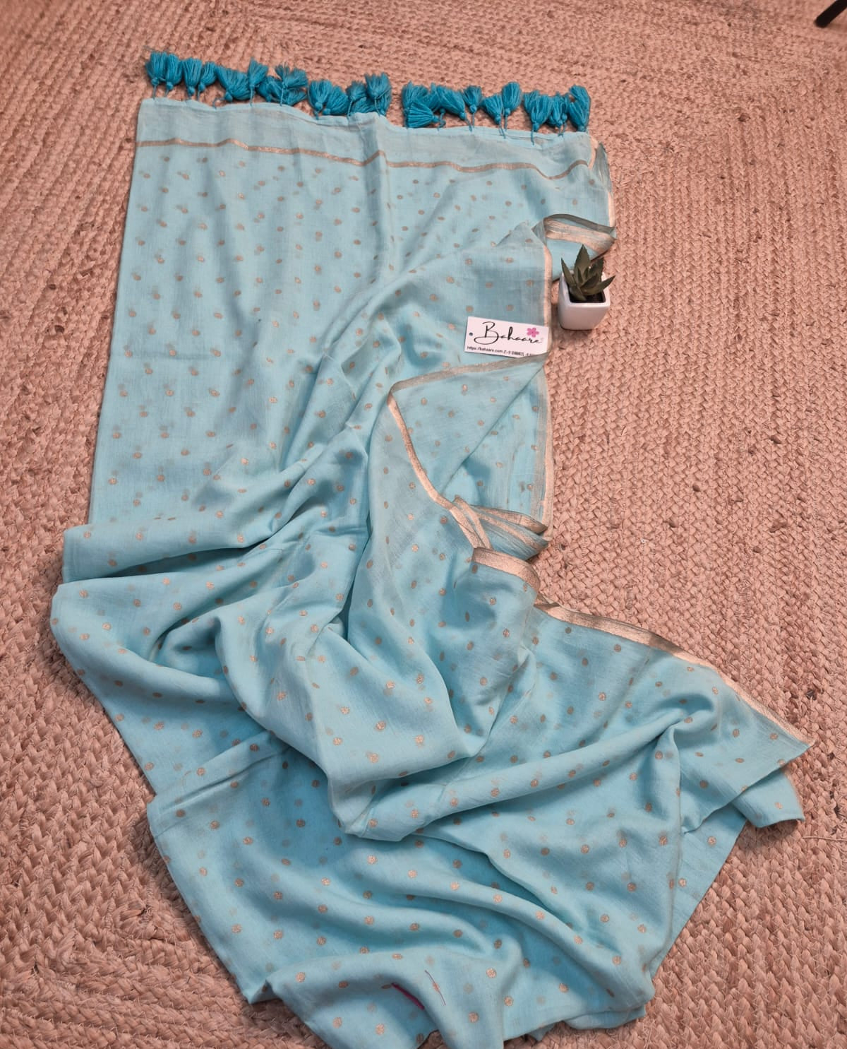 Polka Passion | Turquoise Blue Mul Mul Cotton Saree with Golden Polka Dots