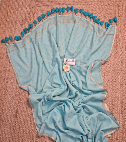 Polka Passion | Turquoise Blue Mul Mul Cotton Saree with Golden Polka Dots