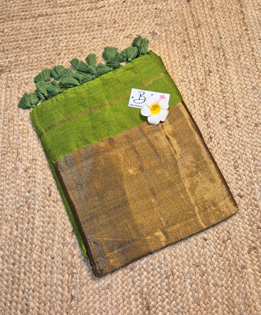 Cotton Galleria | Moss Green Acrylic Cotton Saree with Zari Pallu