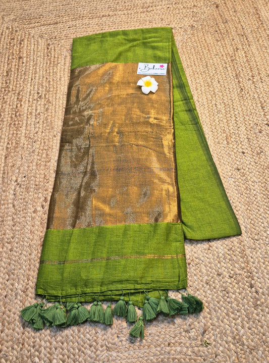 Cotton Galleria | Moss Green Acrylic Cotton Saree with Zari Pallu