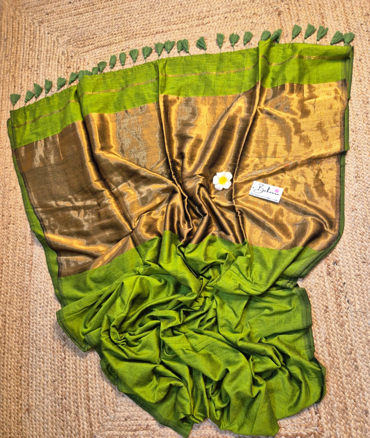Cotton Galleria | Moss Green Acrylic Cotton Saree with Zari Pallu