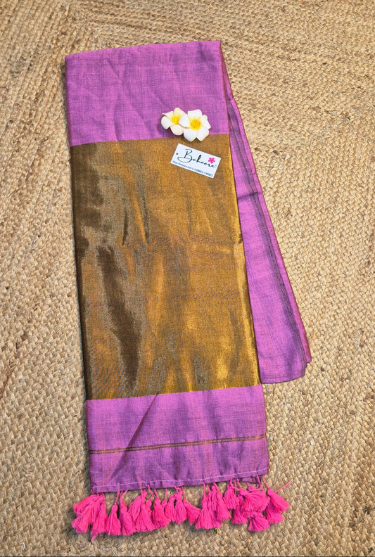 Cotton Galleria | Floral Pink Acrylic Cotton Saree with Zari Pallu