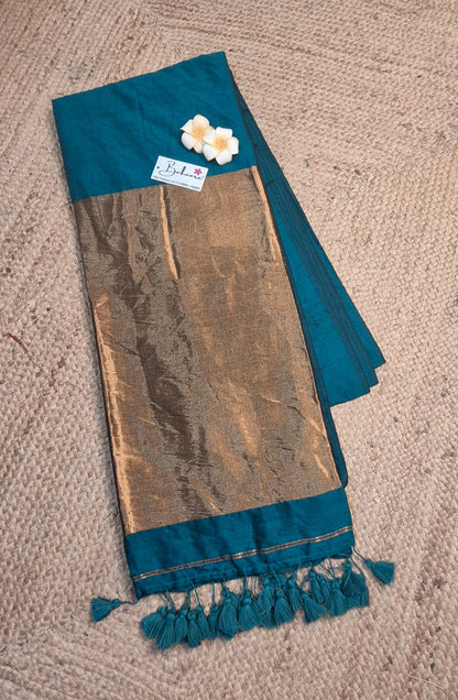 Cotton Galleria | Peacock Green Acrylic Cotton Saree with Zari Pallu