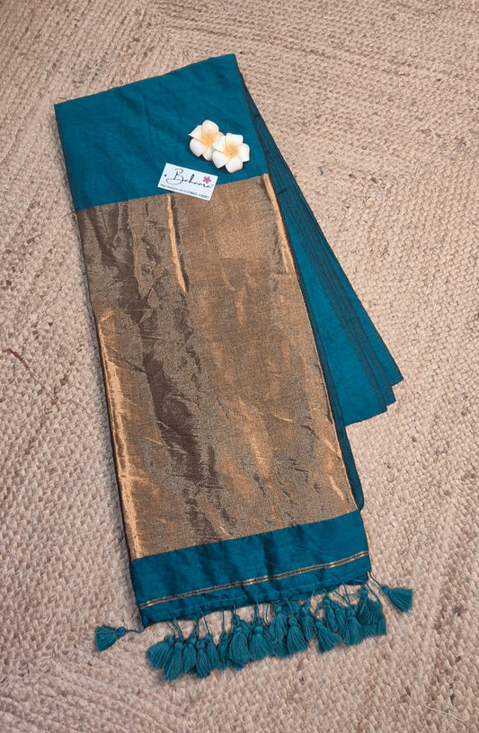 Cotton Galleria | Peacock Green Acrylic Cotton Saree with Zari Pallu